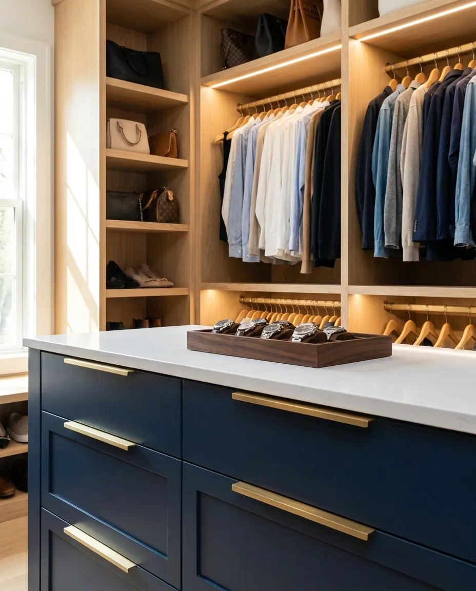 Two-tone closet with navy lower drawers and white oak upper shelving and hanging