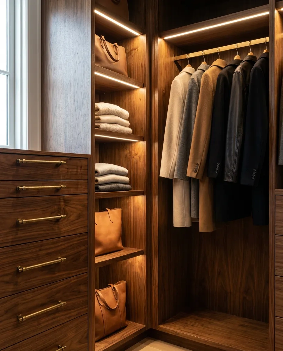 Walnut cabinetry with long brass pulls and warm lit shelves in a walk-in closet
