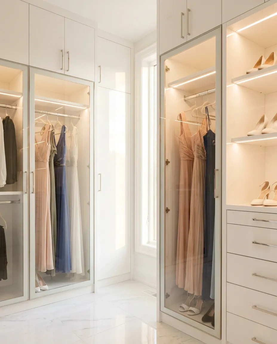 High-gloss white lacquer closet cabinets with clear glass doors and polished nickel hardware