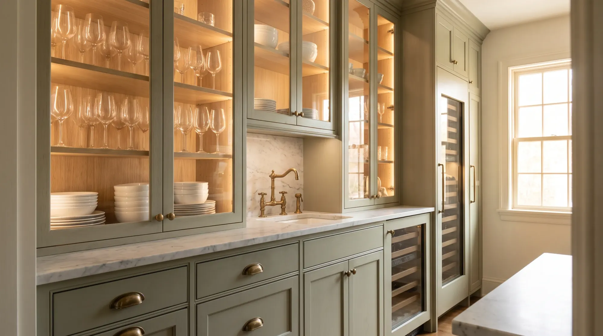 A butler’s pantry with glass-front upper cabinets, sage-green lowers, a marble backsplash and brass bridge faucet