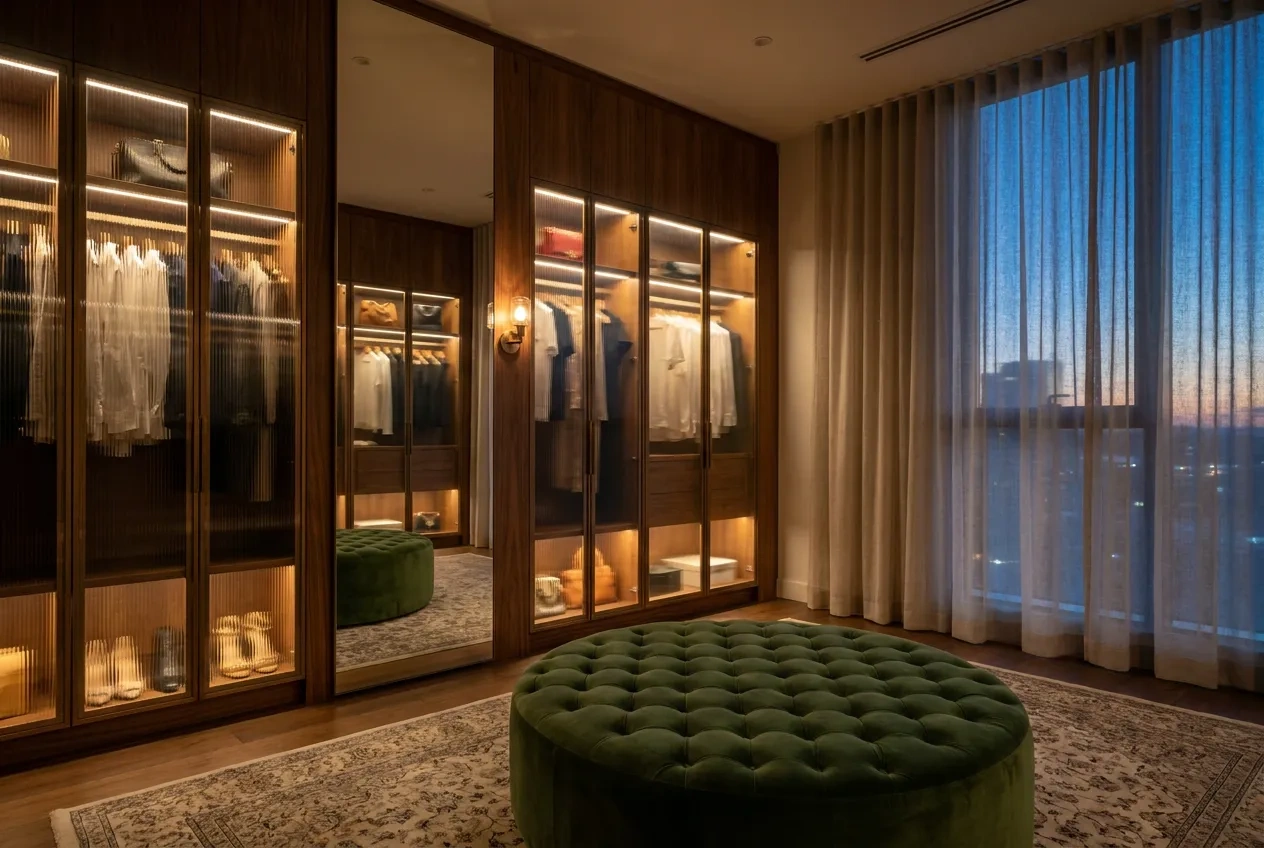 A dressing room in the evening with walnut cabinets behind bronze-framed glass doors and a velvet ottoman