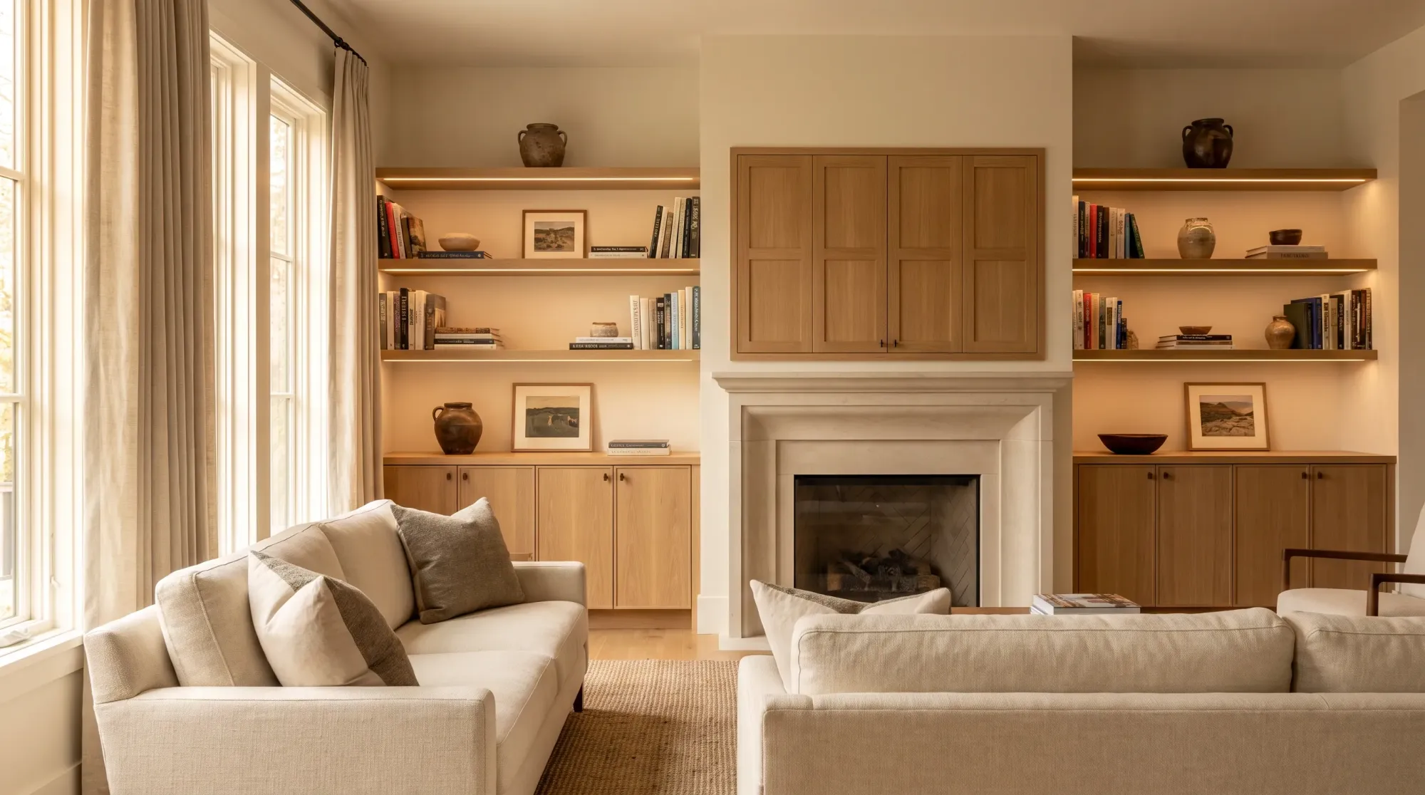 White oak built-in cabinets and lit shelving on both sides of a limestone fireplace in a family room