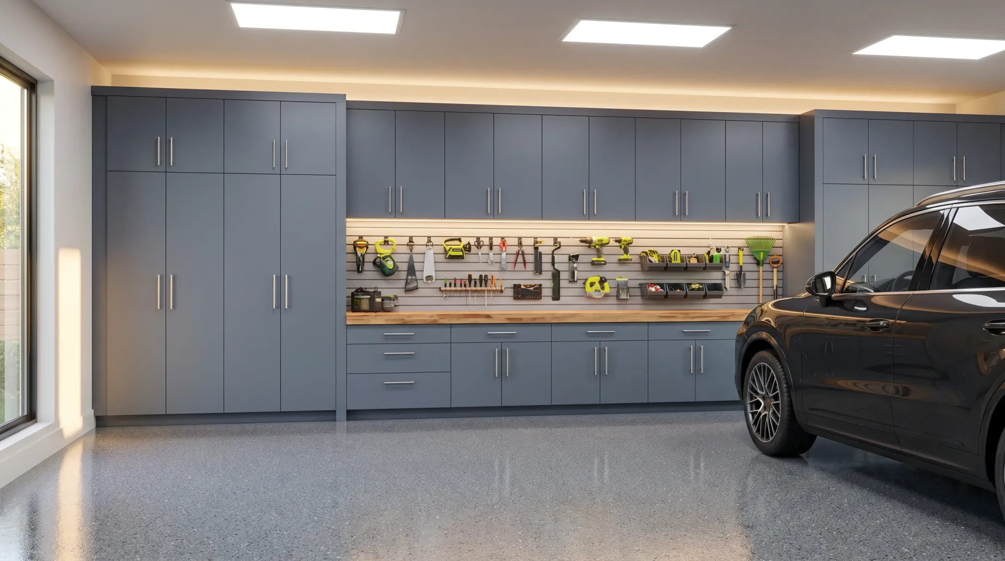 A finished garage with slate-gray full-height cabinets, a butcher-block workbench and a polished epoxy floor