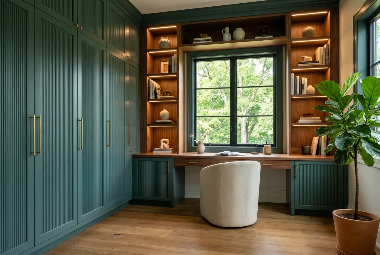 A home office with deep teal painted cabinetry, a built-in desk under a window and lit walnut display shelves