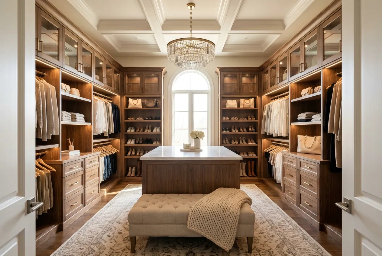 A symmetrical walk-in closet with a crystal chandelier, an upholstered bench and walnut cabinetry on three walls