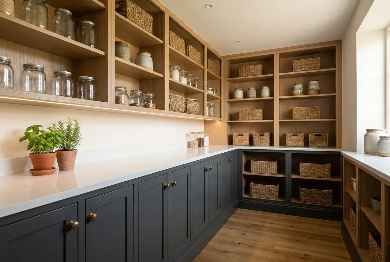 A walk-in pantry with charcoal shaker lower cabinets, a quartz counter and open oak shelves of glass jars and baskets